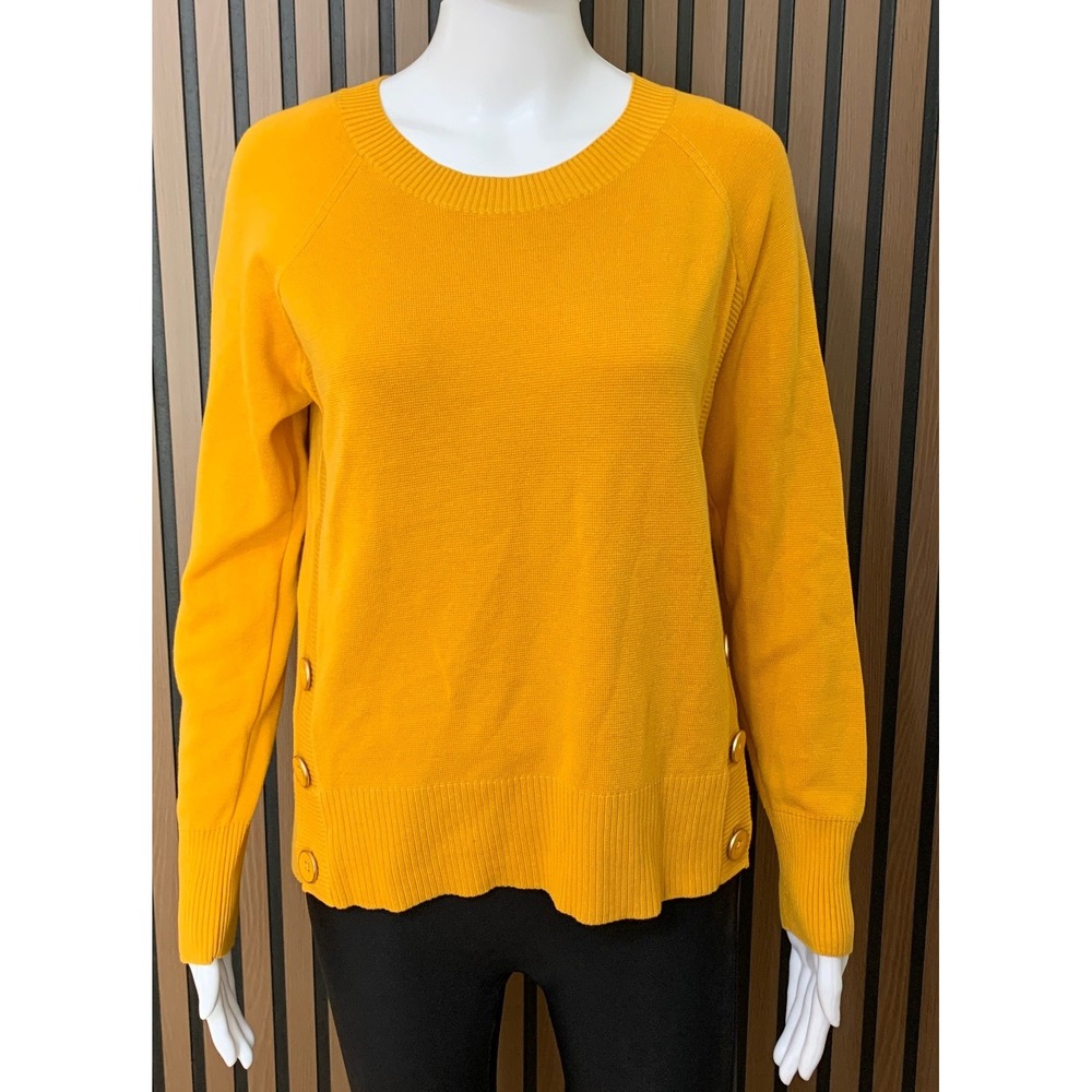 Talbots Women's Mustard Yellow Button Side Vent Sweater Cotton Rayon Blend S